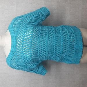 Chico's Turquoise Open Weave Boatneck Short Dolman Sleeve Sweater